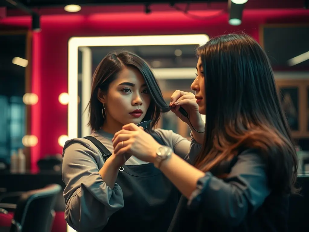 A stylist applying hair color with precision, showcasing a striking transformation in black and white tones, highlighting the salon's expertise in coloring.