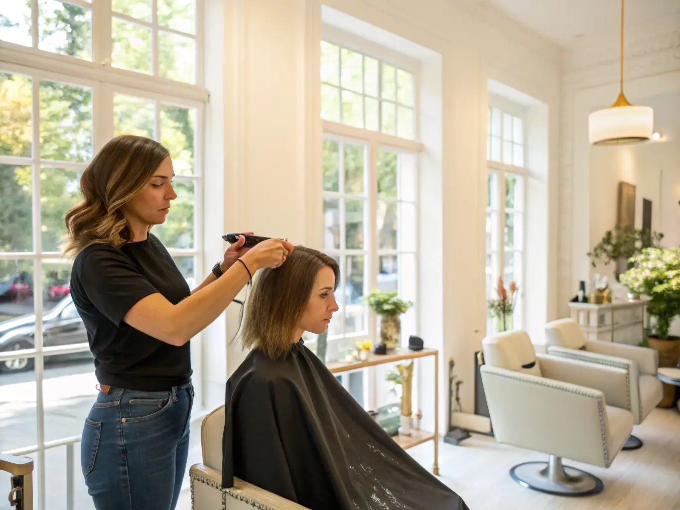 A stylist giving a precise haircut to a client in a sleek, black and white salon environment, showcasing the salon's modern aesthetic.