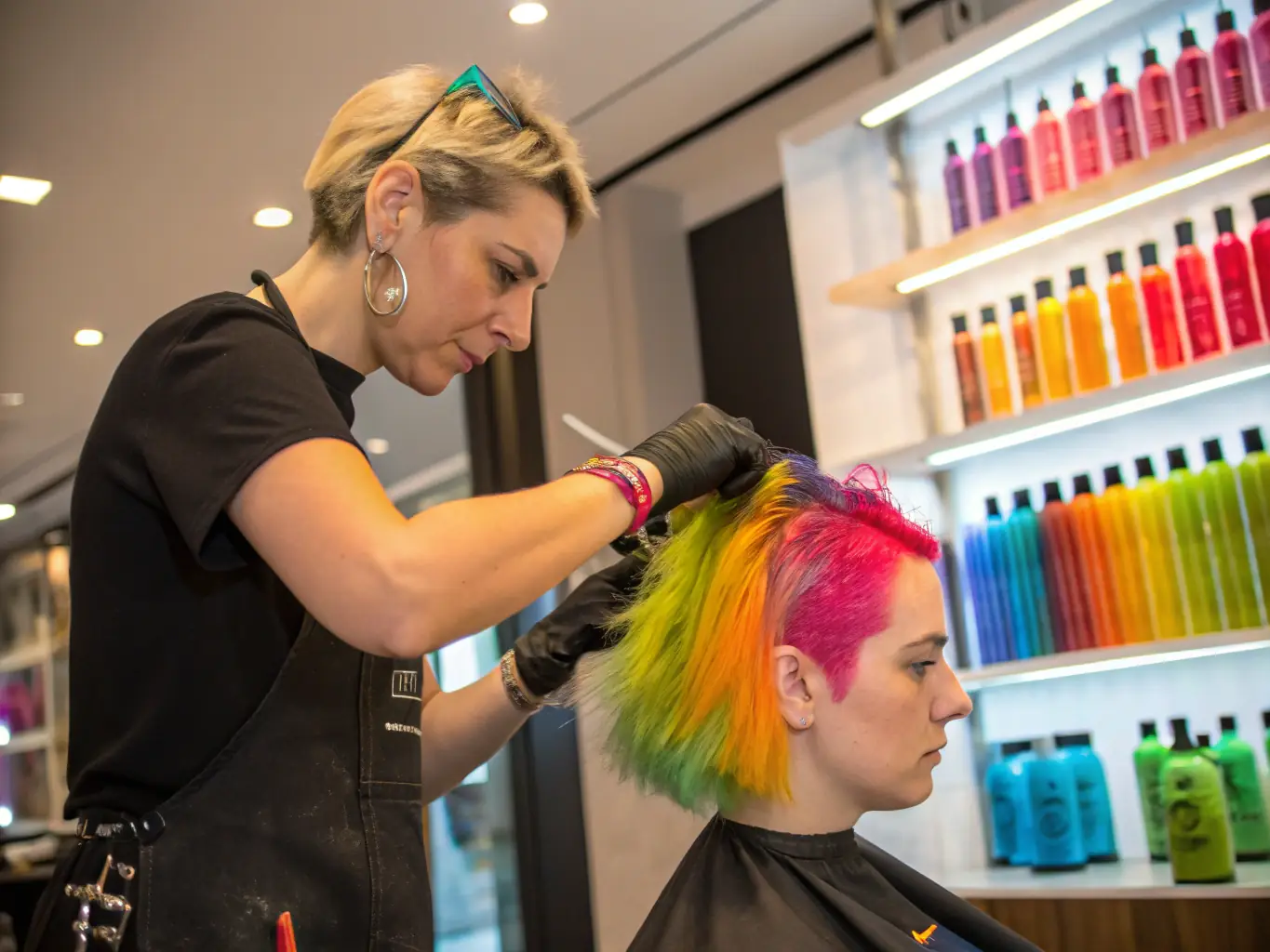A stylist applying vibrant hair color to a client, showcasing a striking transformation in a sleek, black and white salon.