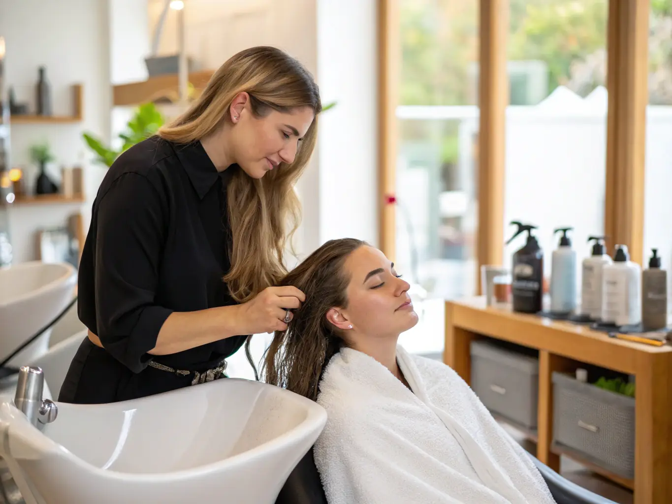A stylist applying a nourishing hair treatment to a client in a minimalist, black and white salon setting, focusing on hair health.