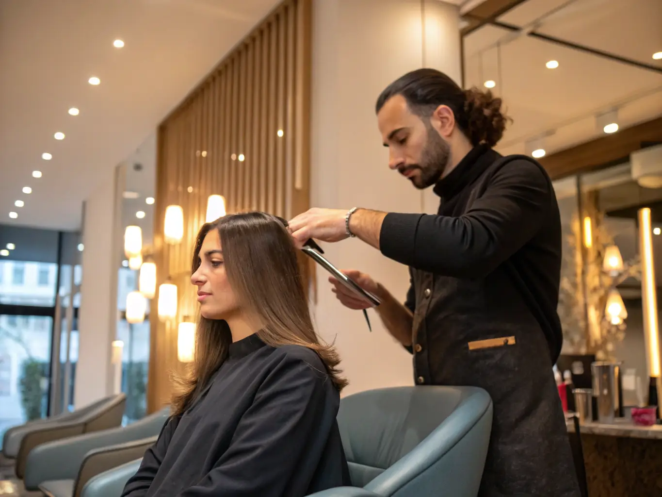 A stylist expertly cutting a client's hair in a modern, black and white salon, emphasizing precision and style.