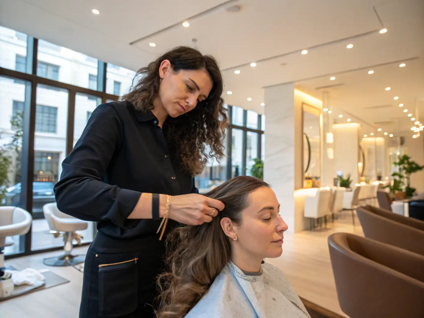 A stylist applying a deep conditioning treatment in a minimalist, black and white salon setting, emphasizing the salon's commitment to hair health.